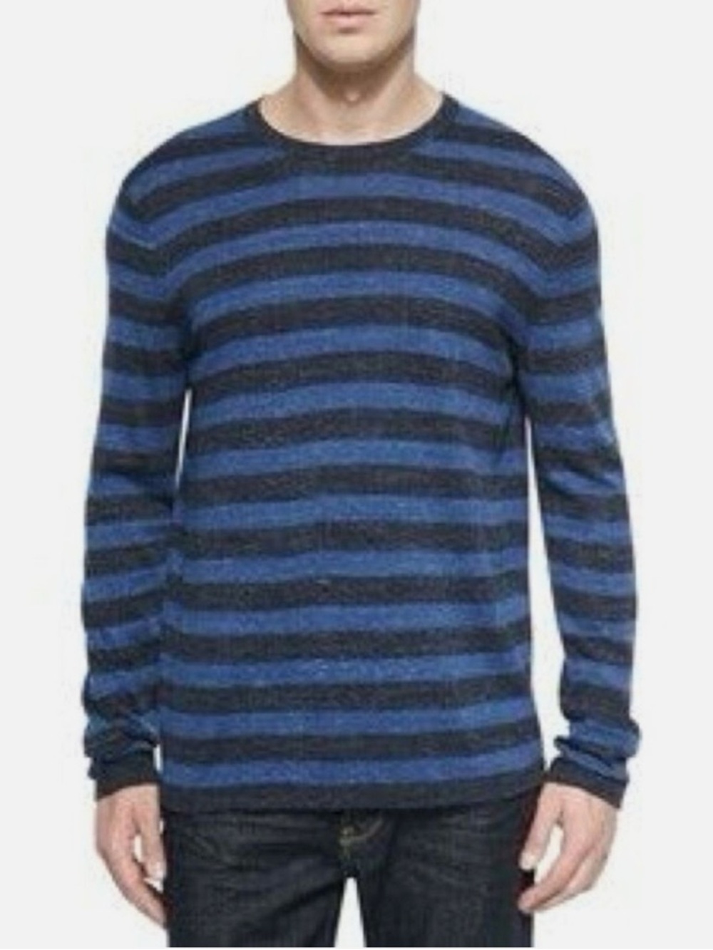 Vince Mens Marled Stripe Blue Long Sleeve Knit Pullover Sweater XL